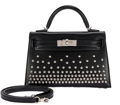 Product photo of Hermes PRE-OWNED Limited Edition Black Box Cloute Studded Mini Kelly II 20 PHW Woman Accessories