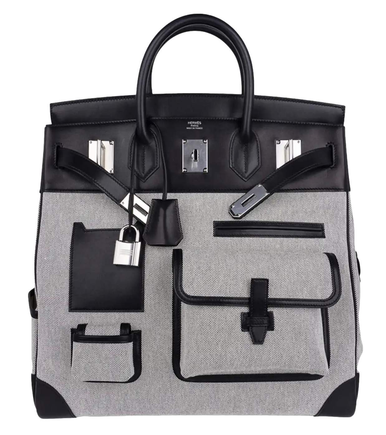 Product photo of Hermes PRE-OWNED Birkin HAC Cargo 40 Black Evercalf Leather & Toile PHW Unisex Accessories